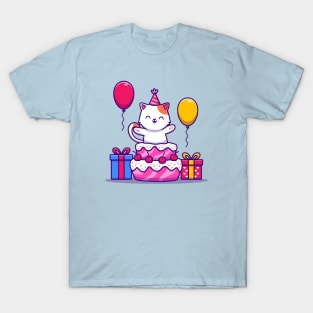 Cute Cat Birthday Party With Cake, Gift And Balloon T-Shirt